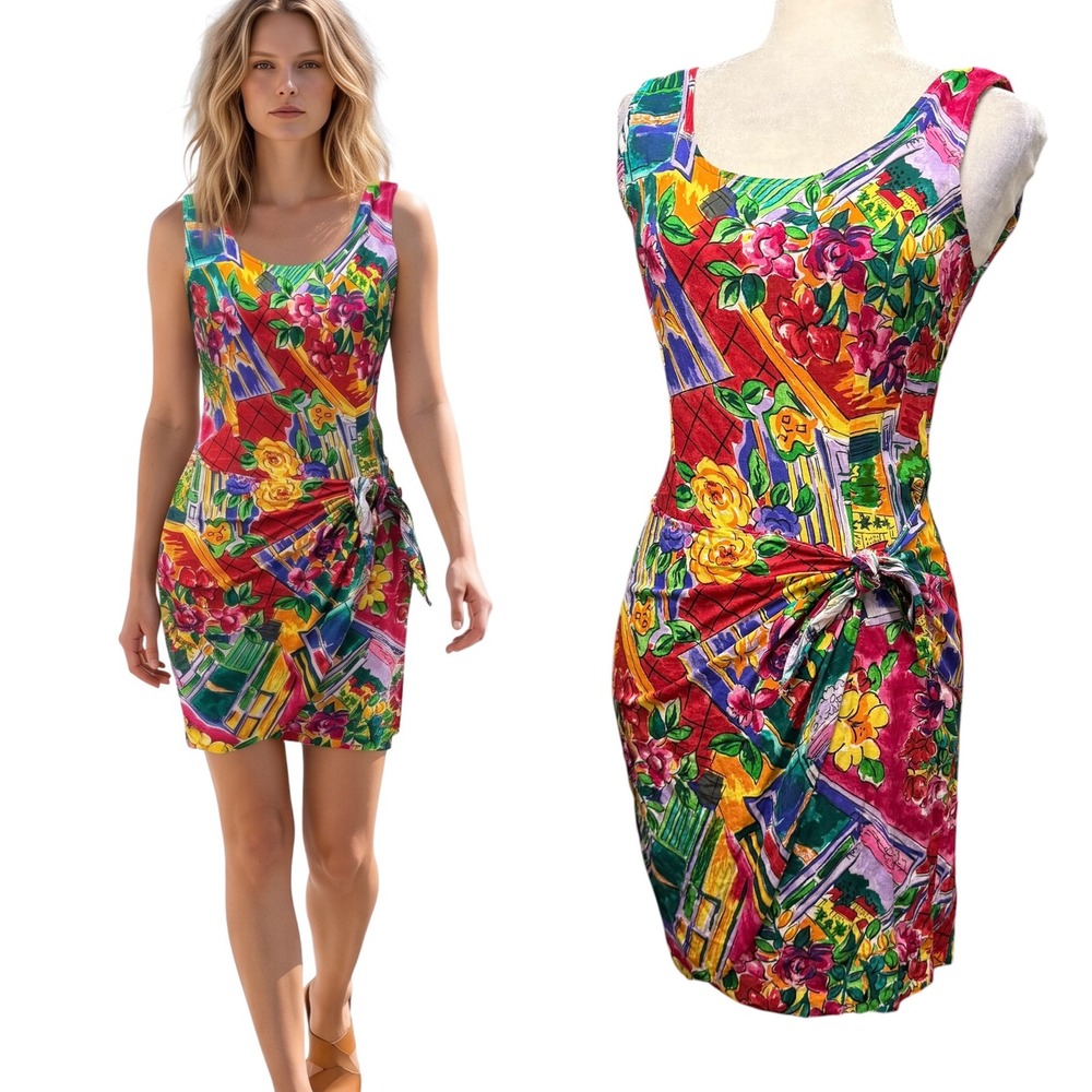 Vtg 90s Dress Womens S Multicolor Floral Sarong Faux‎ Wrap Resortwear Vacation